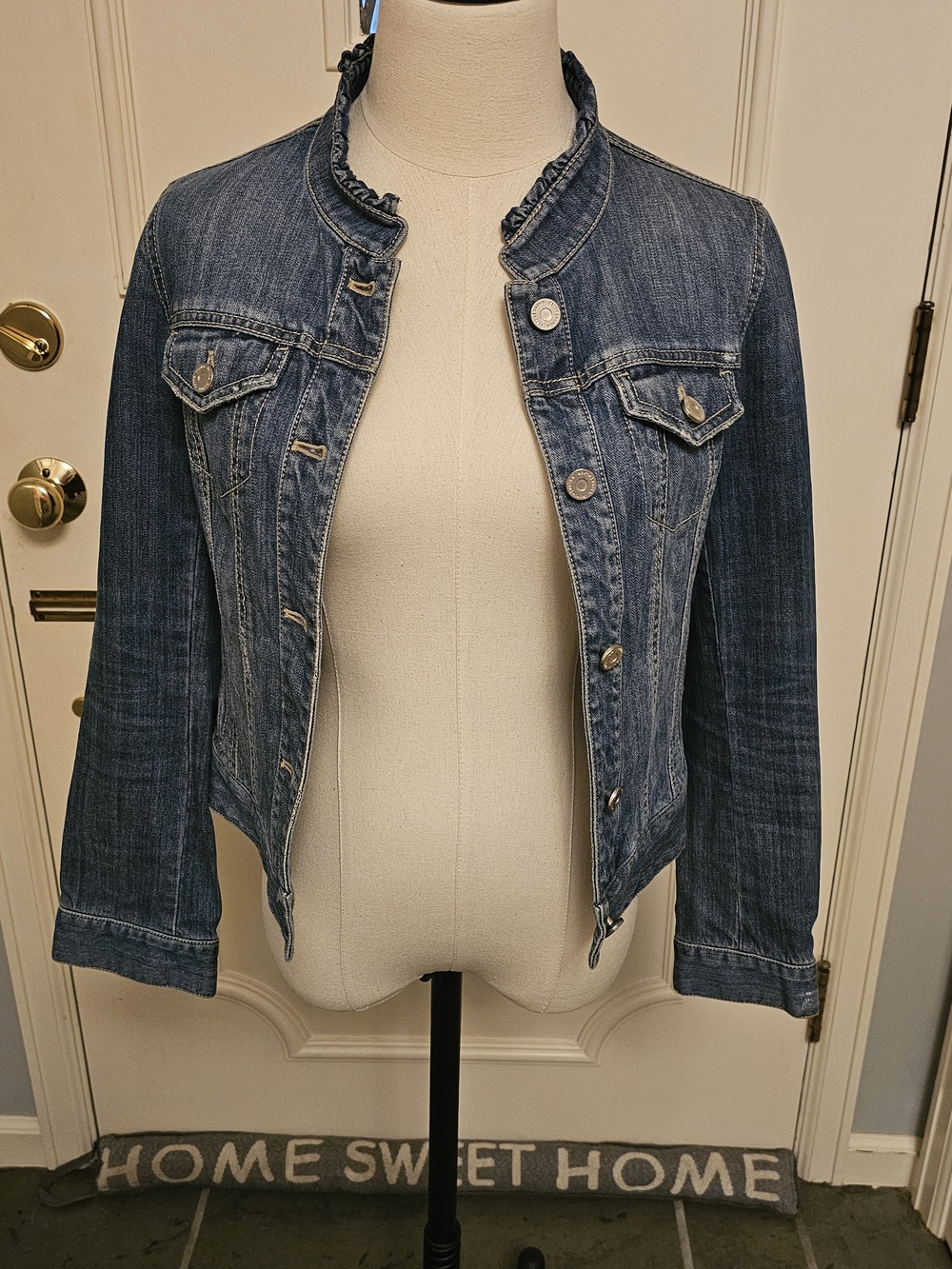 White House Black Market Dark Blue Denim Jacket with Ruffle Stand Collar
